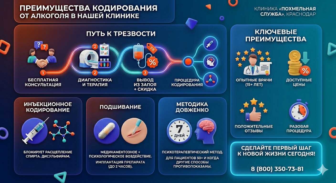 Инфографика о методах кодирования от алкоголя в Краснобродском: инъекции, подшивание, метод Довженко. Преимущества клиники и этапы лечения.