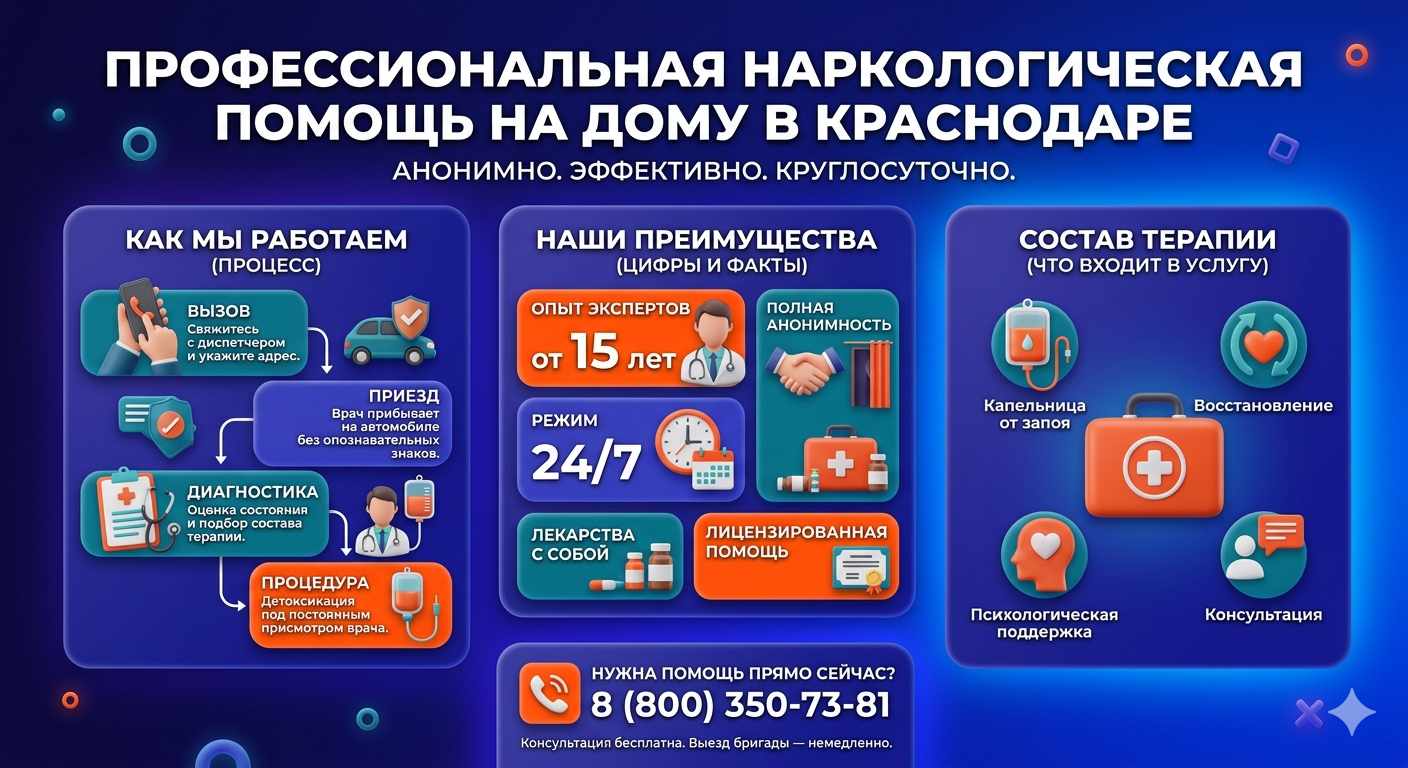 Инфографика о принципах лечения алкоголизма на дому в Краснобродском: этапы вызова нарколога, преимущества анонимной детоксикации и состав медицинской помощи.